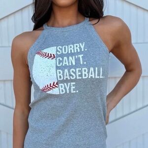 AEMI + CO ribbed tank top graphic baseball slogan gray fitted sleeveless small